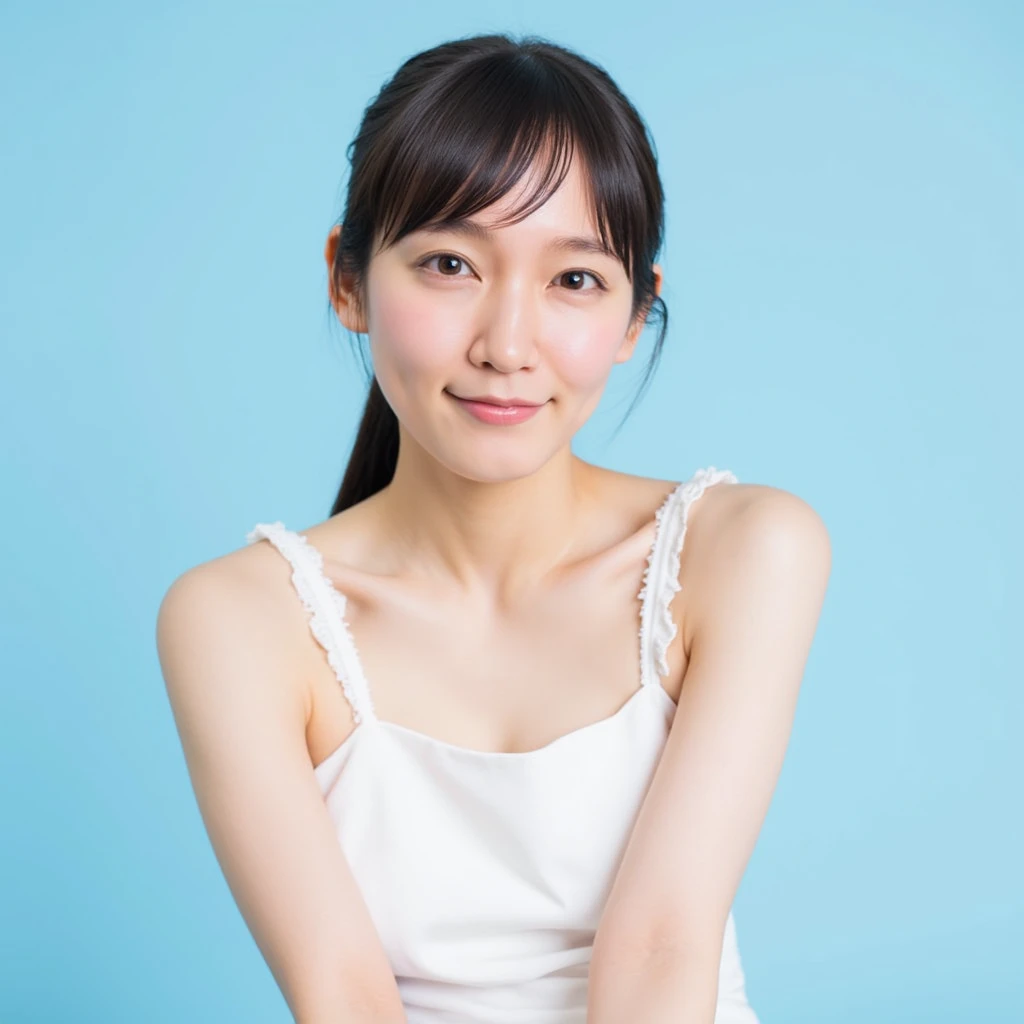  Here's a high res photo of a young Asian woman named Riho.   she has a slim figure and pure white skin  . thin腕.  she has a straight  ,   Her dark brown hair is parted in the middle 、 loosely tied at the back  ,  Sit in front of me  . , her expression is ...