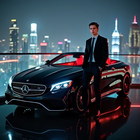 they,  young male looking attractive and athletic ,  wearing an impeccable black suit with tie ,  I pose confidently next to a luxurious black Mercedes-Benz with a red leather interior .  The scene takes place on top of a modern skyscraper with a heliport ...