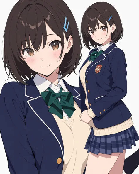 masterpiece, best quality, ultra detailed, extremely detailed CG, highly detailed, high resolution, 4k, incredibly absurdres, texture, 1 girl, black medium short hair, sanpakugan, brown eyes, Blazer School Uniform, blue hairpin, flat color, BREAK white bac...