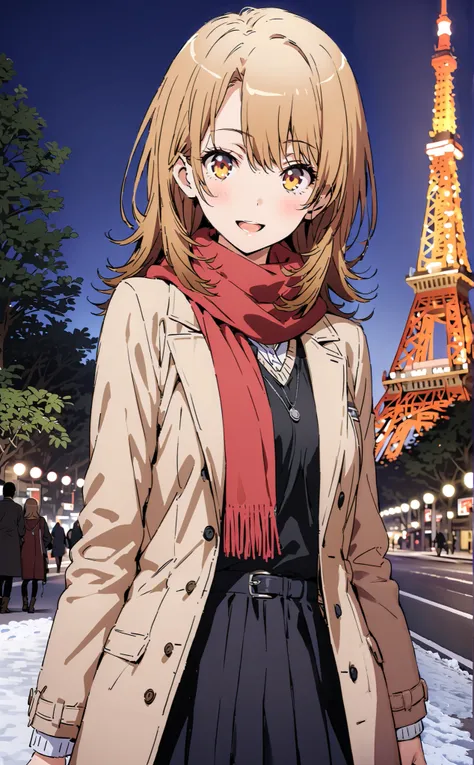 Irohaisshiki, Isshiki Iroha , long hair,  brown hair,  brown eyes,smile, open your mouth,,blush, White Breath,White Coat, sweater, red scarf,Black long skirt,boots snow, Tokyo Tower ,building, standing,whole bodyがイラストに入るように,
break outdoors, City,
break loo...