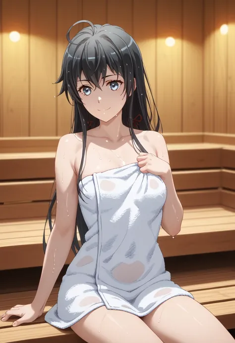  better quality,  masterpiece, excellent proportions, Yukino Yukinoshita,  black hair, ( black hair ),  blue eyes,  long hair, Ahoge,  nude towel, ( wearing only a towel), (Hair and wet skin ),  sauna, hot springs ,  light smile, (yoga posture, Stretching ...