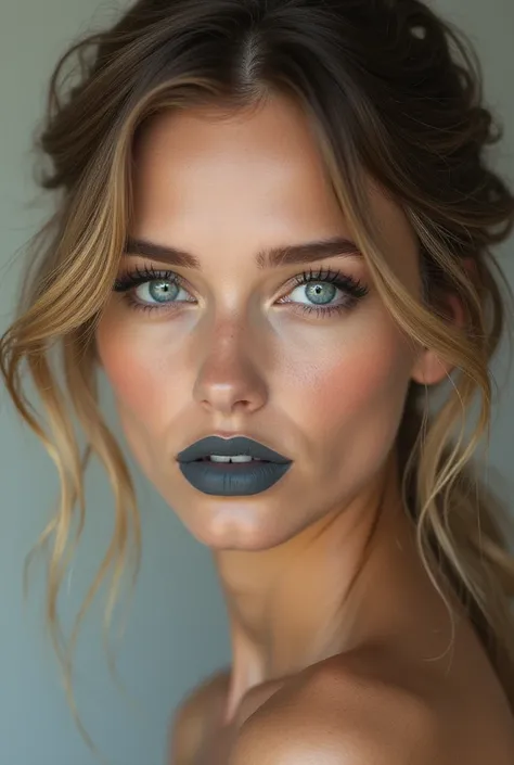 I want you to draw a very realistic female face.  blonde haired brunette get blue eyes and gray lipstick