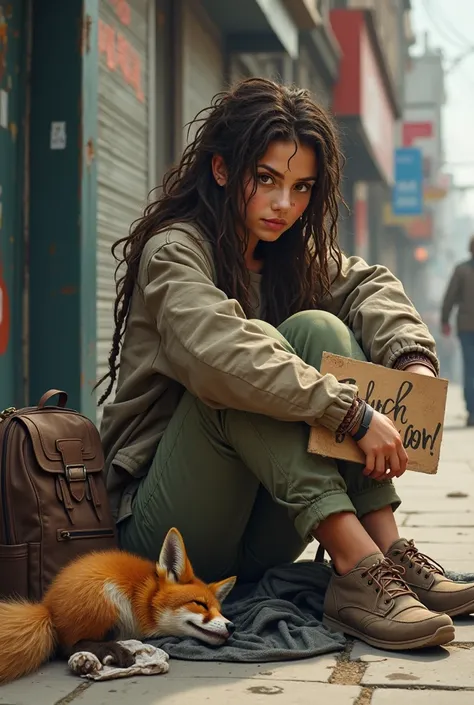 Dirty brunette woman ,  brown eyes, 22 years old, Dread on dirty hair, Fox lying next to you on top of dirty clothes, dirty backpack next to it ,  sitting on the sidewalk with a sign asking for money.