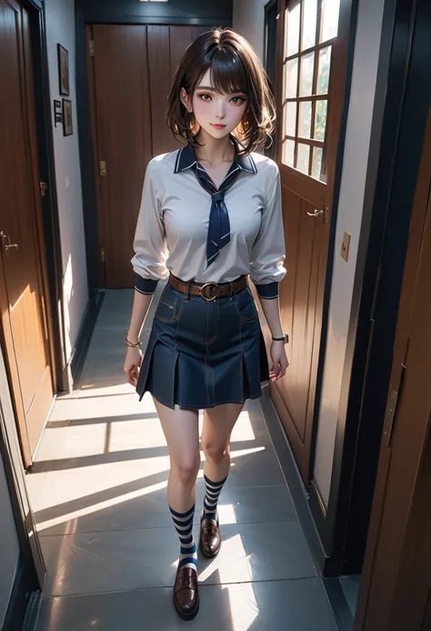 pretty damsel, walking posed, along office room corridor, many doors along corridor, BREAK, (dark brown hair, bob cut, wavy hair), BREAK, ( grayish-green 3/4 sleeves polo shirt, dark-blue neckerchief, black-blue denim skirt, gold circle buckle belt, white ...