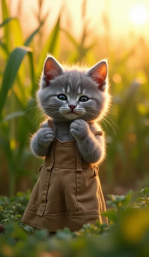 A grey kitten  wearing Farmer dress and standing in farmer's corn field and listening phone call making smile happy  face, cinematography,golden time,surealisme,ultrahd,wideshot.