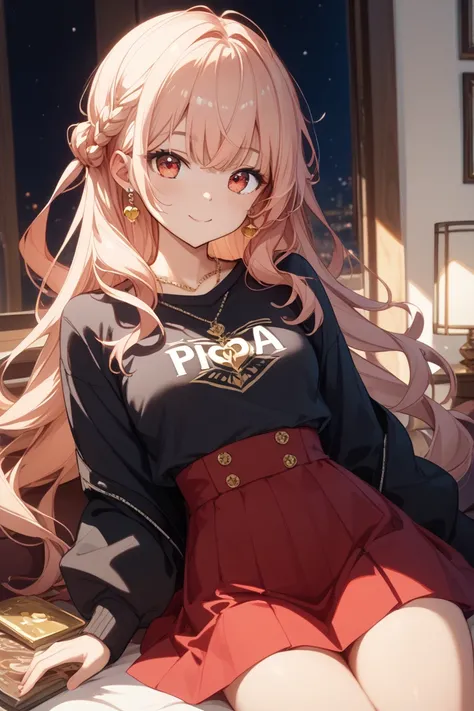 woman、 short、 small breasts、 long hair、 Gold、The bangs are light red 、Eyes are light red、 just wrapped around it 、 black jersey 、 Red Skirt 、 Yankee、 cute、 above the bet、 I'm adding Chupa Chupa Chups