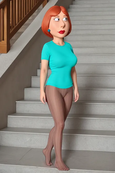 Full body shot, large full natural breasts, curvy thick body, beautiful, skimpy tight transparent t-shirt ending at midriff, vertical stripe pantyhose, Lois Griffin, no shoes, walking up the stairs, shown from behind