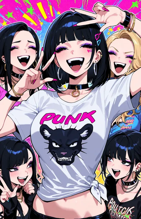 sfw,gyaru,cool beauty,3 punk_women,black hair,medium breast, w,upper body, laughing,