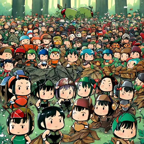 A line of ant women (petite, Asian, dark shiny bikinis, dark silk short hair, antennae headbands, athletic, every 3rd woman is bigger and has better sexy armor and weapons) make their way through the leaf litter of the forest, they are in organized lines h...