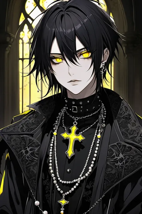 goth anime boy , glowing yellow eyes , gothic , gothic style , rosary around neck , jewlery , black hair 