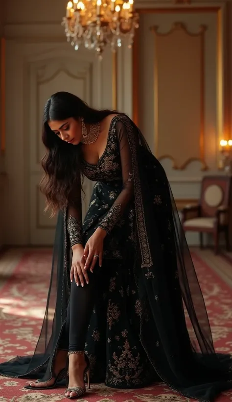 

"Create a realistic and artistic depiction of a 30-year-old Pakistani woman with curvy features. She is wearing a stunning black wedding dress with intricate embroidery and embellishments, paired with sleek, glued leggings that highlight her figure. The ...