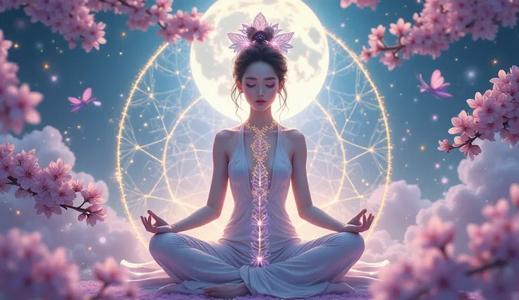 "Celestial gender metamorphosis, ultra-detailed ethereal illustration, soft holographic color scheme:
Central androgynous figure in lotus position surrounded by DNA helix made of cherry blossoms,
semi-transparent anatomical overlay showing glowing chakra p...