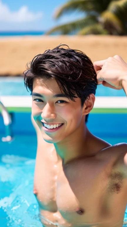 male Age 20 swimwear lifeguard topless smile handsome hawaii looking at the camera shining eyes japanese whole body armpit hair