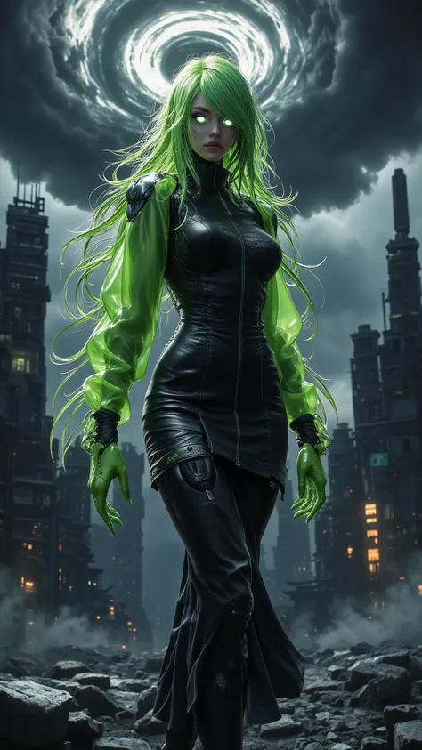  HD ， High detail，8k， Powerful and Proud Designs ，Tasma （ Storm Catastrophe ） Green-haired Woman ， Has Bright Emerald Eyes ， She Wears a Tight Black Dress Dress ， Tall Stitched Skirt ， standing in a ruined cityscape， Swirling Storm Clouds at the Top of Her...