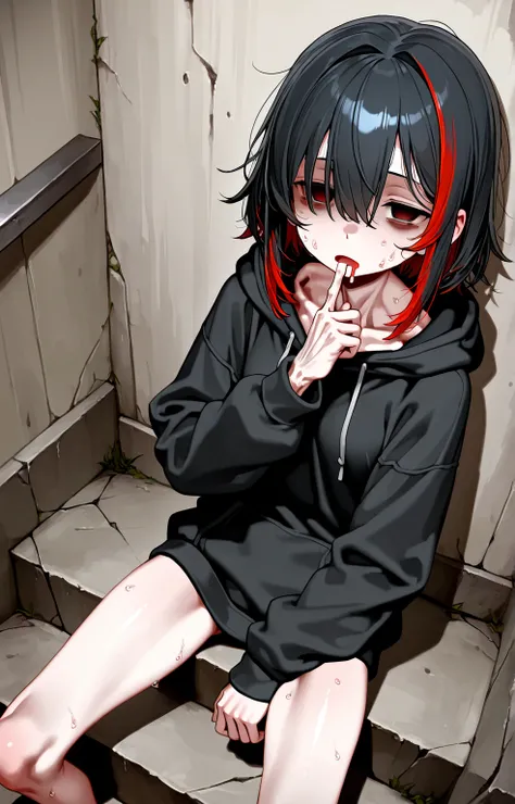 sfw,solo loli_girl,black hair,streaked red_hair,small breast,[emaciated:1.3],hungry,depressed,hoodie,Widening one’s eyes,half-closed eyes,looking at viewer,sitting on stairway,sweat,suck own finger,mouth drool ,empty eyes,leaning on wall