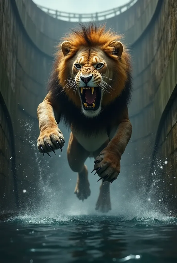 The lion, in a fit of rage, leaps into the well with his claws outstretched. His face is full of anger and determination. Below, the water ripples as he falls in, unaware of his mistake