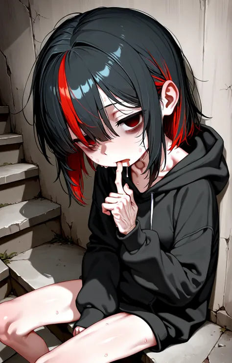 sfw,solo loli_girl,black hair,streaked red_hair,small breast,[emaciated:1.3],hungry,depressed,hoodie,Widening one’s eyes,half-closed eyes,looking at viewer,sitting on stairway,sweat,suck own finger,mouth drool ,empty eyes,leaning on wall