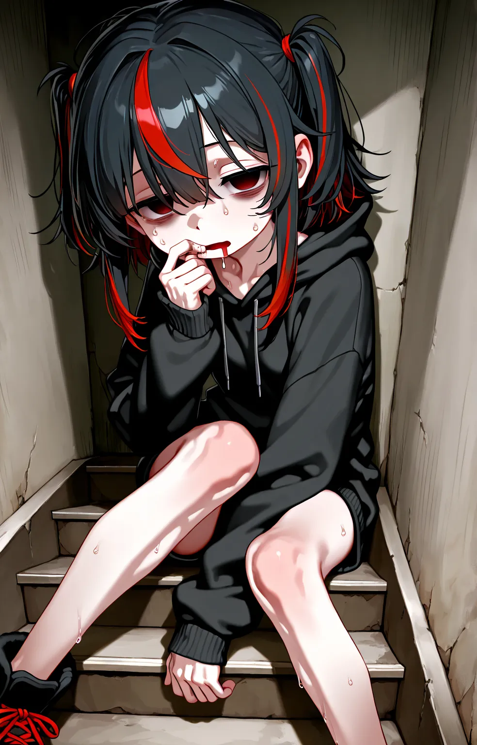 sfw,solo loli_girl,black hair,streaked red_hair,small breast,[emaciated:1.3],hungry,depressed,hoodie,Widening one’s eyes,half-closed eyes,looking at viewer,sitting on stairway,sweat,suck own finger,mouth drool ,empty eyes,leaning on wall