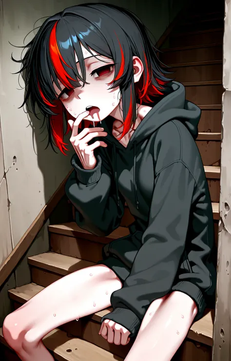 sfw,solo loli_girl,black hair,streaked red_hair,small breast,[emaciated:1.3],hungry,depressed,hoodie,Widening one’s eyes,half-closed eyes,looking at viewer,sitting on stairway,sweat,suck own finger,mouth drool ,empty eyes,leaning on wall