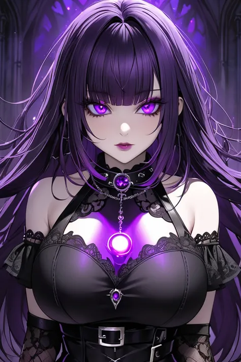 goth girl , glowing purple eyes , big breast , large breast , long black and purple hair with bangs , gothic style , black chocker around neck 