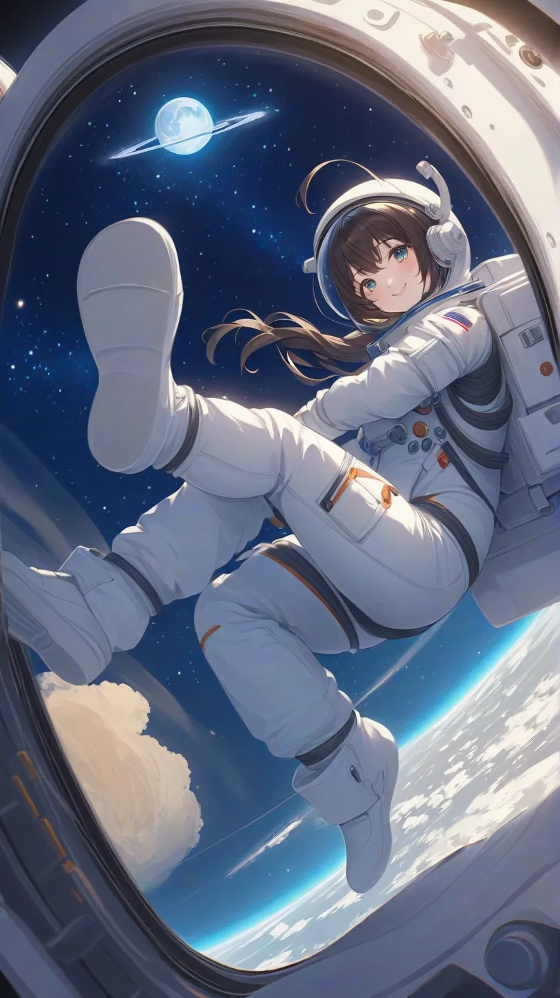  top quality,  high res,  unique image ,  concept art,  night sky, star, moon,  girl, smile, hair, eye, mouth, hand, feet, clothing,  jeans,  t-shirts,  scarf,  above Decorati has , space, spaceship, spacesuit,  astronauts arriving on the moon,  Planet, ga...