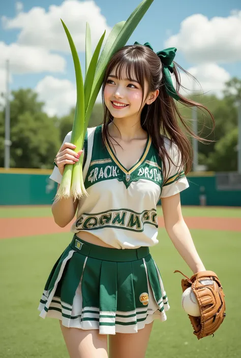 photorealistic,1girl\(smily,Looking up,full body,cheerleaders outfit\(Baseball glove on left hand),stunding,Pitcher throwing the ball pose\),fly very large green onion,It appears large on the entire screen,stadium ground wide shot,Aerial Shot near by green...