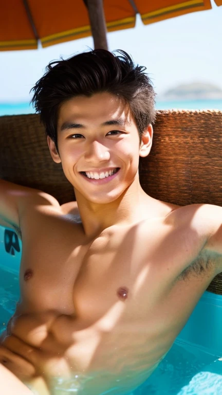 male Age 17 swimwear lifeguard topless smile handsome hawaii looking at the camera shining eyes japanese whole body armpit hair