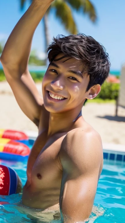 male Age 18 swimwear lifeguard topless smile handsome hawaii looking at the camera shining eyes japanese whole body armpit hair