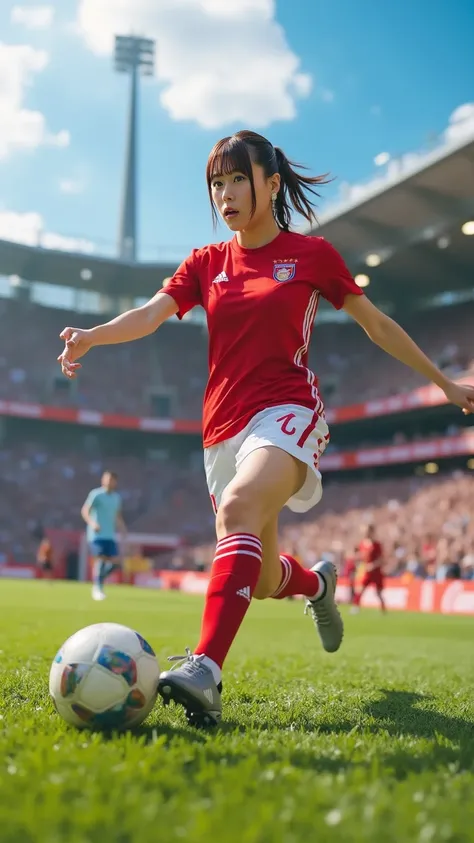 A female soccer player in a professional uniform, captured mid-kick during a penalty shootout. She has an athletic physique, determined expression, and her right leg is fully extended toward the ball. The soccer goal and goalkeeper are visible in the backg...