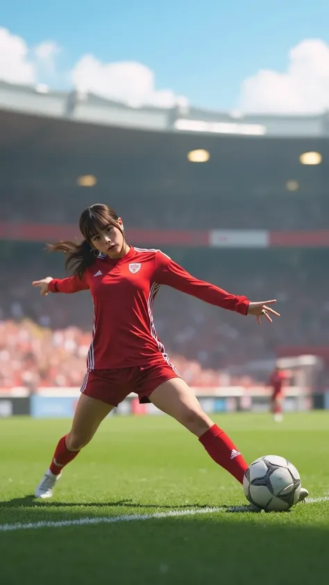 A female soccer player in a professional uniform, captured mid-kick during a penalty shootout. She has an athletic physique, determined expression, and her right leg is fully extended toward the ball. The soccer goal and goalkeeper are visible in the backg...