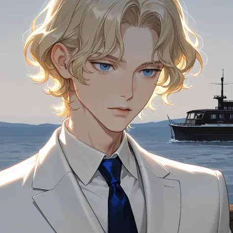 solo,blonde hair,1boy,male focus,bishounen,skinny,lips,portrait,white suit,necktie,collared shirt,short hair,parted bangs,wavy hair,blue eyes,outdoors,cabin cruiser,