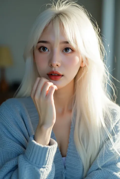 A photograph of a young Japanese woman with a sweet and innocent appearance. She has a fair, translucent complexion with a natural, dewy glow, giving her skin an almost ethereal radiance. Her long, flowing pure white hair cascades down her back and over he...