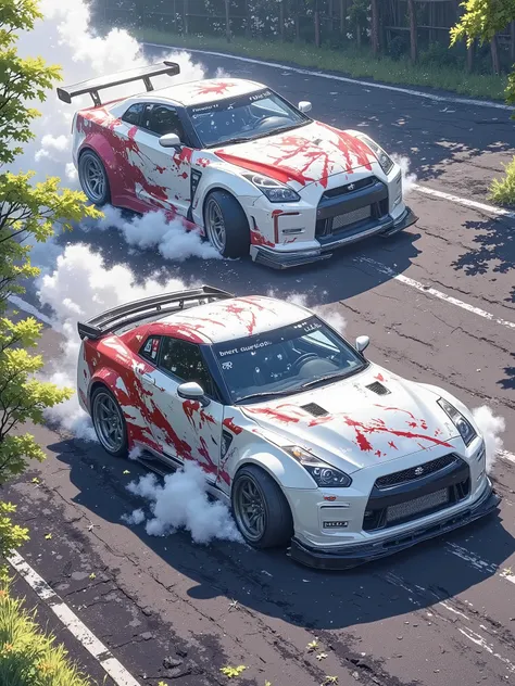 Two modified sports cars are drifting on a dark, textured track. Thick plumes of white smoke billow from the cars' exhausts. The cars are positioned in the mid-ground, slightly angled to the right, and are in motion. They are mostly white and black with ...