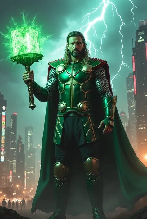 "A Pakistani version of Thor, wearing a green and white Asgardian armor inspired by the Pakistan flag. He holds a powerful glowing hammer, surrounded by storm clouds and lightning. The background features a futuristic city resembling Karachi, with high-tec...