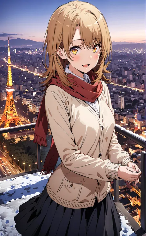 Irohaisshiki, Isshiki Iroha , long hair,  brown hair,  brown eyes,smile, open your mouth,,blush, White Breath,White Coat, sweater, red scarf,Black long skirt,boots snow, Tokyo Tower ,building, standing,whole bodyがイラストに入るように,
break outdoors, City,
break loo...