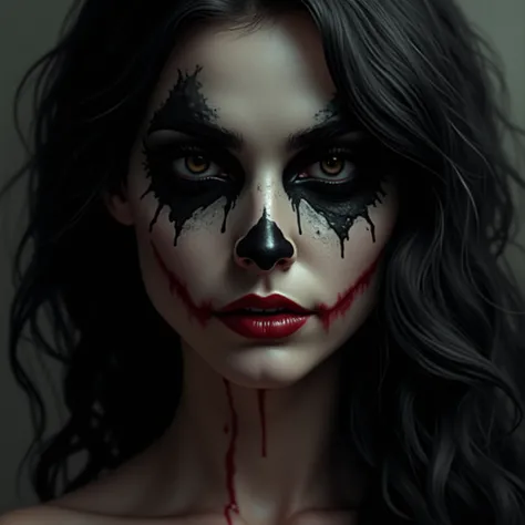 ((best quality)), ((masterpiece)), (detailed), perfect face closeup 
woman with joker mask face hidden beautiful black hairs blood on neck
