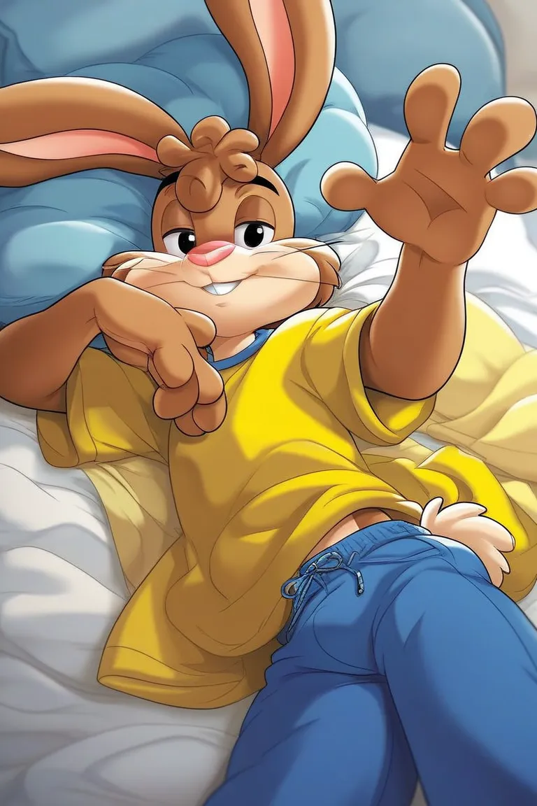 masterpiece, best quality, 8k, quicky,4 fingers,brown fur, blue pants, yellow t-shirt, bedroom eyes, standing, young adult, puffy hair, tall, cute version of quicky, cute rabbit hair, furry, rabbit, male, eyeshadow, slim,solo,looking_at_viewer, bed‚ sleepi...