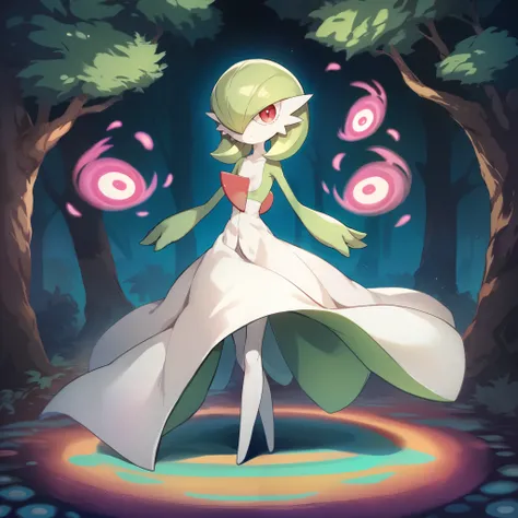 1girl, solo, gardevoir, green_hair, green_skin, hair_over_one_eye, flat chest, serious, cute, standing, full body, psychedelic, psychic aura, aura, looking at viewer, forest background, from the front view