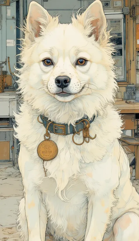 (( lo-fi digital illustration style   :1.5)),   Long-haired white Japanese Spitz ,   hyperrealistic style  ,   super detailed ,   high details  ,   high quality, Awards , envelope  ,   high res, 1080P,   high definition , 16k