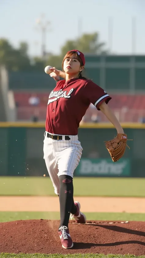 A female baseball pitcher with an athletic physique, wearing a professional uniform and a pitcher’s glove, captured mid-pitch from the mound. Her body is fully extended, with her throwing arm stretched forward and her glove hand balanced. The baseball is s...