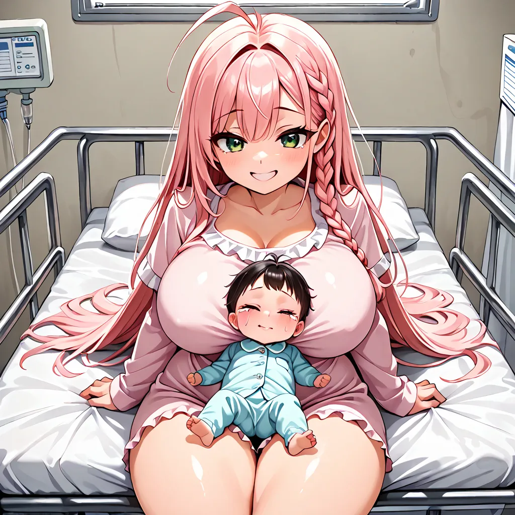  Masterpiece, by Nomi, gradation,masterpiece,16k or 8k,ultra detailed, hospital bed,1 woman is,huge breats , pajamas,pink hair, happy,  seductive thighs, big thighs, safe delivery type,green eyes,pupil, long hair, Antenna Hair ,side braid, cute face,Detail...