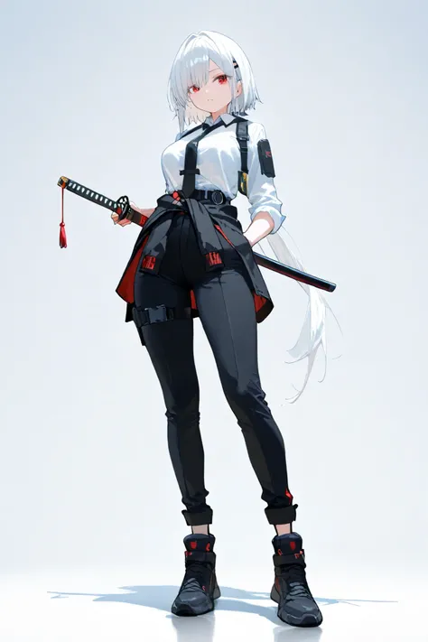 high quality, 8K Ultra HD,female, short white hair, cool red eyes, anime, female, medium sized breasts, thighs, slim figure, white shirt, black tie, short black techwear jacket with red on the inside, techwear outfit, black pants, asymmetrical straps, stra...