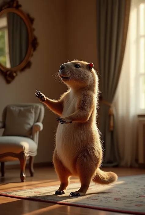 Capybara dancing in front of a mirror in a luxurious room