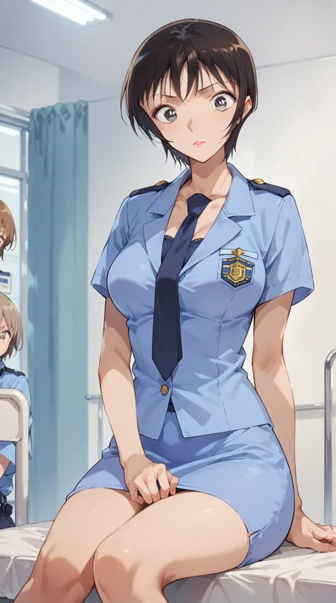 (((score_9, score_8_up, score_7_up, score_6_up))), source_anime,Satou Miwako,black hair,short hair,grey eyes,makeup, light brown hair, blue police uniform,tie, skirt,big breasts,wide hips, hospital,sitting,