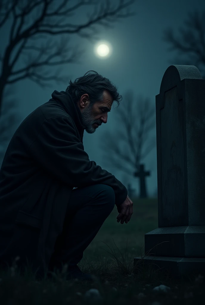 A man gazing sadly at a tombstone, his face reflecting sorrow and memories, with a faint glow from the moonlight casting shadows on the grave.
