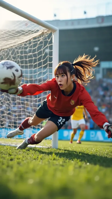 A female soccer goalkeeper with an athletic physique, wearing a professional goalkeeper uniform and gloves, captured mid-air diving to her left to save a powerful shot. Her eyes are locked on the ball, and her fingertips are just inches away from it. The s...