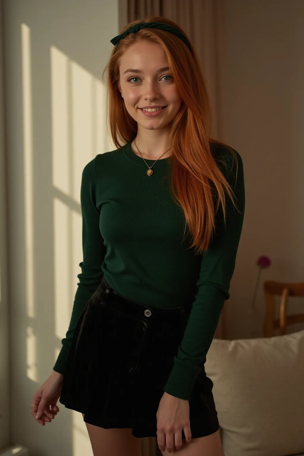   ultra-realistic upper body of a beautiful young 21-year-old redheaded German woman with long hair , headband,   necklace,   smile. Beautiful legs and high heels , Sie steht im   living room,  She is wearing a shiny , dark green ,  tight-fitting cotton sw...