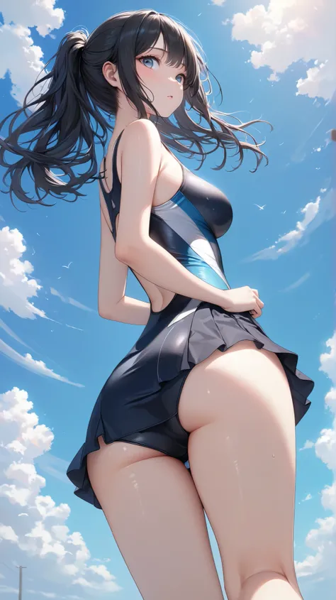 (masterpiece,best quality,ultra detailed,high resolution),(cowboy shot),(realistic:0.5),lady,beautiful eyes,black hair,training swimsuit,mini-pencil-skirt,beautiful sky,from behind,from below,