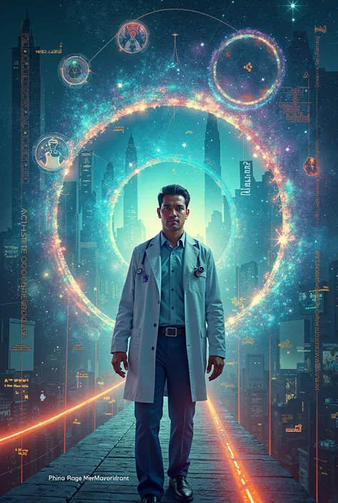 Imagine a visually stunning and dynamic cover that captures the essence of a journey through multiple parallel universes. The background should feature the Dhaka skyline, juxtaposed with futuristic elements to give a sense of the advanced technology and al...