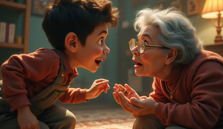  The boy rushes to show his grandmother, who gasps in shock as she recognizes the items.